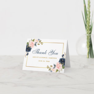 Tarjeta De Agradecimiento Dusty Blue Pink Rubor Floral Boda Gold Note