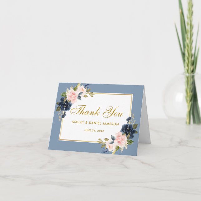 Tarjeta De Agradecimiento Dusty Blue Pink Rubor Floral Boda Gold Note (Anverso)