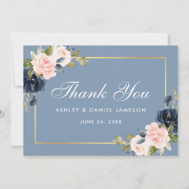 Tarjeta De Agradecimiento Dusty Blue Pink Rubor Floral Gold Boda