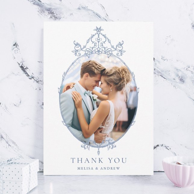 Tarjeta De Agradecimiento Dusty Blue Simple Vintage Frame Wedding Photo      (Subido por el creador)