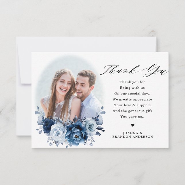 Tarjeta De Agradecimiento Dusty Blue Slate Navy Boda Botánico Floral (Anverso)