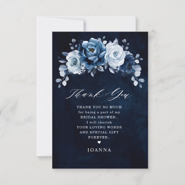 Tarjeta De Agradecimiento Dusty Blue Slate Navy Botanal Bridal Shower (Anverso)