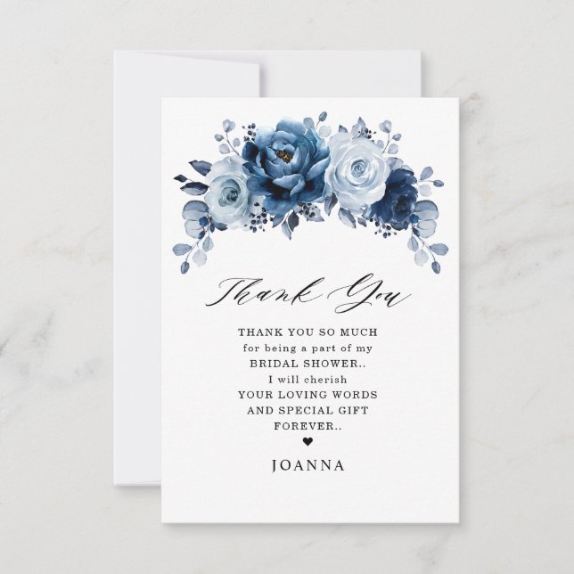 Tarjeta De Agradecimiento Dusty Blue Slate Navy Botanal Bridal Shower (Anverso)