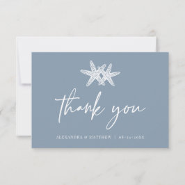 Tarjeta De Agradecimiento Dusty Blue Starfish Modern Script Beach Wedding