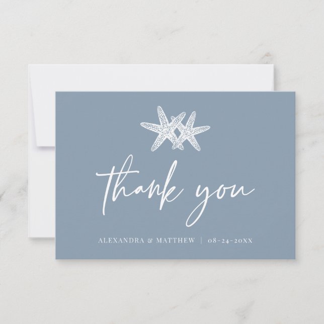 Tarjeta De Agradecimiento Dusty Blue Starfish Modern Script Beach Wedding (Anverso)