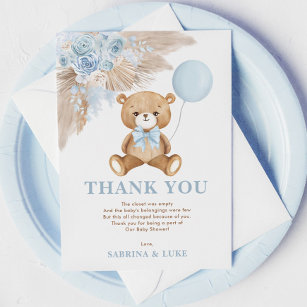 Tarjeta De Agradecimiento Dusty Blue Teddy Bear Balloon Boy Baby Shower