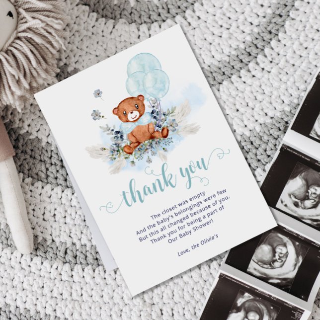 Tarjeta De Agradecimiento Dusty Blue Teddy Bear Balloon Boy Baby Shower (Subido por el creador)