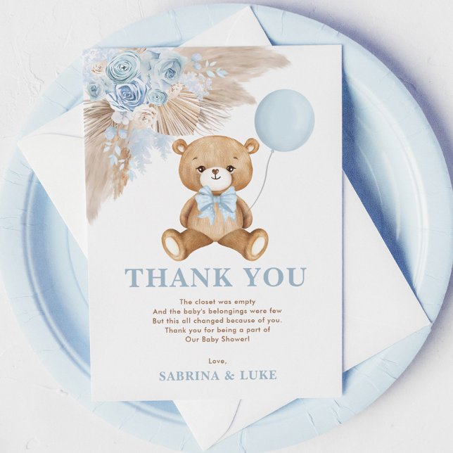 Tarjeta De Agradecimiento Dusty Blue Teddy Bear Balloon Boy Baby Shower (Subido por el creador)