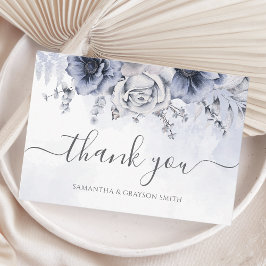 Tarjeta De Agradecimiento Dusty Blue Watercolor Floral Elegante Boda
