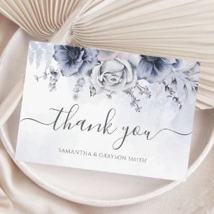 Tarjeta De Agradecimiento Dusty Blue Watercolor Floral Elegante Boda