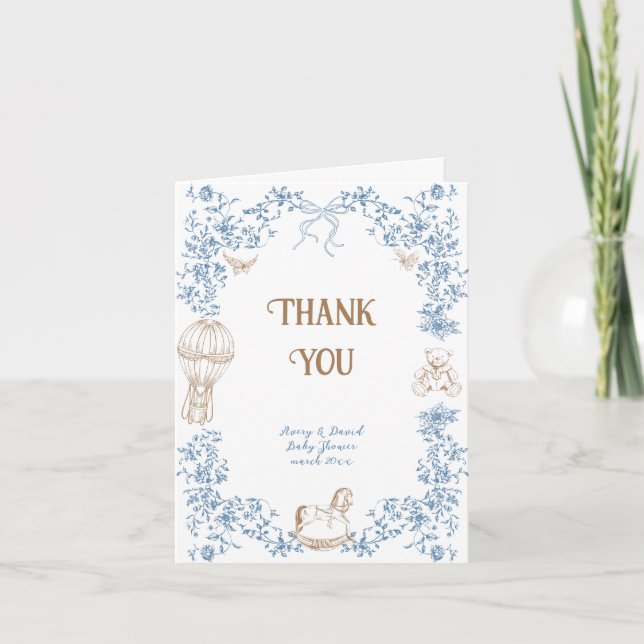 Tarjeta De Agradecimiento Dusty Blue Whimsical Floral Toile Baby Shower (Anverso)