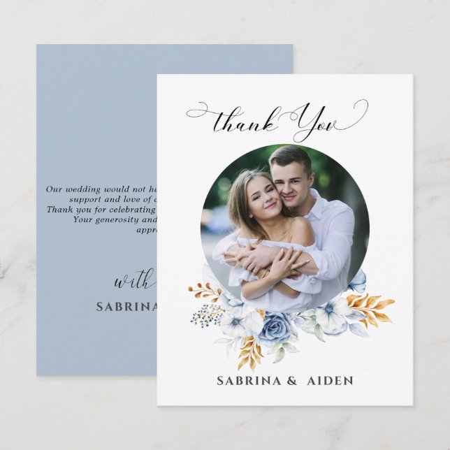 Tarjeta De Agradecimiento Dusty Blue White Gold Floral (Anverso / Reverso)