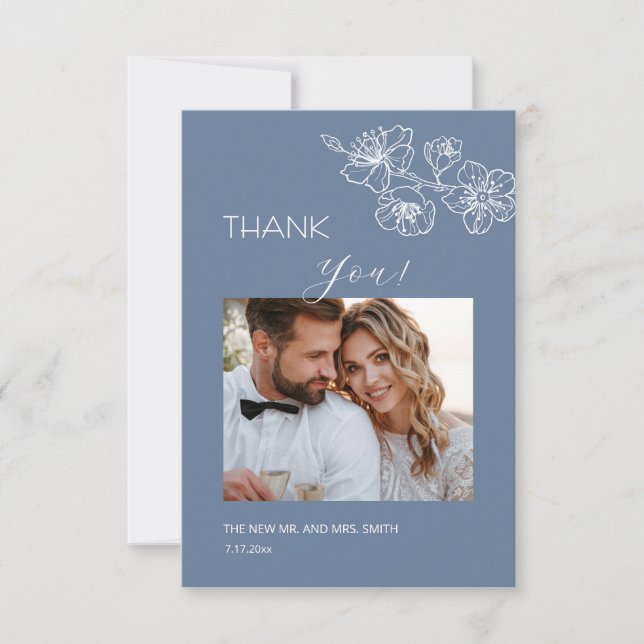 Tarjeta De Agradecimiento Dusty Blue White Line Art  Flowers Thank You Card (Anverso)