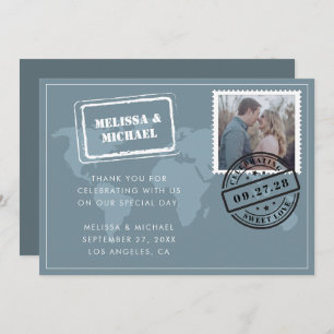Tarjeta De Agradecimiento Dusty Blue World Map Destination Wedding Photo