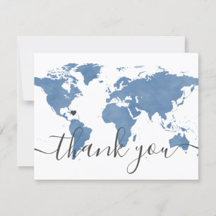 Tarjeta De Agradecimiento Dusty Blue World Map y Beach Wedding Photo