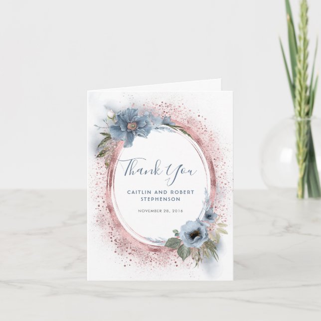 Tarjeta De Agradecimiento Dusty Blue y Rosa Gold Purpurina Floral Gracias (Anverso)