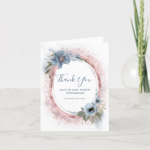 Tarjeta De Agradecimiento Dusty Blue y Rosa Gold Purpurina Floral Gracias