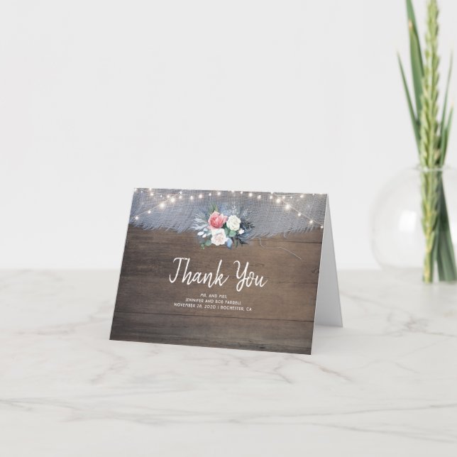 Tarjeta De Agradecimiento Dusty Blue y Rubor Rustic Boda Gracias (Anverso)