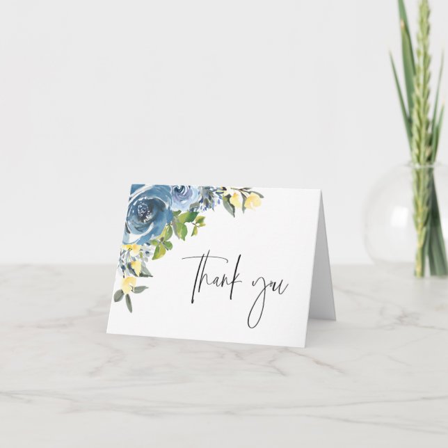 Tarjeta De Agradecimiento Dusty Blue Yellow Botanical Gracias (Anverso)