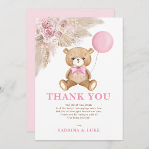 Tarjeta De Agradecimiento Dusty Chica de globo de oso rosa Teddy Baby Shower