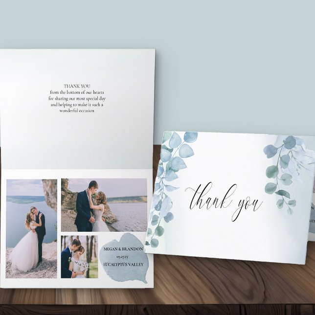 Tarjeta De Agradecimiento Dusty Eucalyptus Elegant 3 Photo Boda (Thank you card with 3 wedding photos from Dusty Eucalyptus wedding collection)
