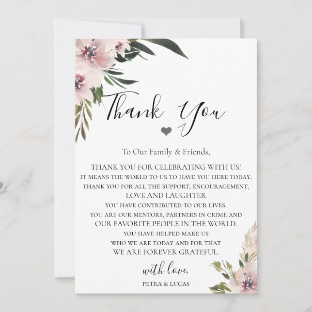 Tarjeta De Agradecimiento Dusty Mauve Floral Wedding Recepcion Gracias (Anverso)