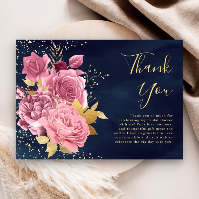 Tarjeta De Agradecimiento Dusty Mauve Pink Floral Marina Blue Bridal Shower (Subido por el creador)