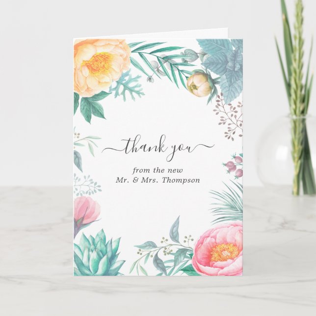 Tarjeta De Agradecimiento Dusty Pastel Tropical Floral Boda Foto (Anverso)
