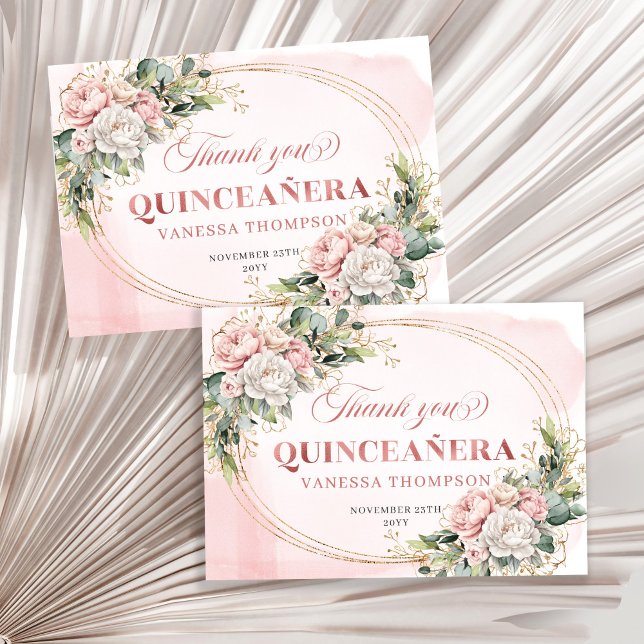 Tarjeta De Agradecimiento Dusty Pink Rose Gold Boho Quince Party Thank You  (Dusty Pink Rose Gold Boho Quince Party Thank You Card)
