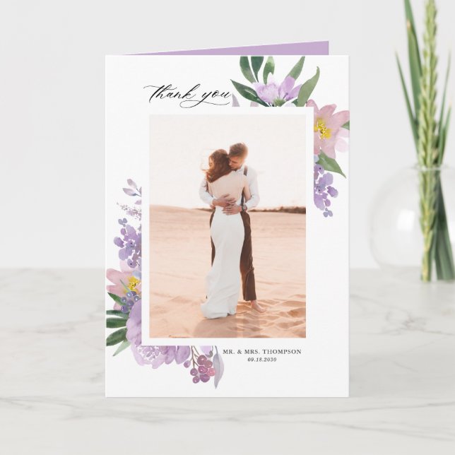 Tarjeta De Agradecimiento Dusty Purple Peonies y Rosas Boda de fotografía (Anverso)