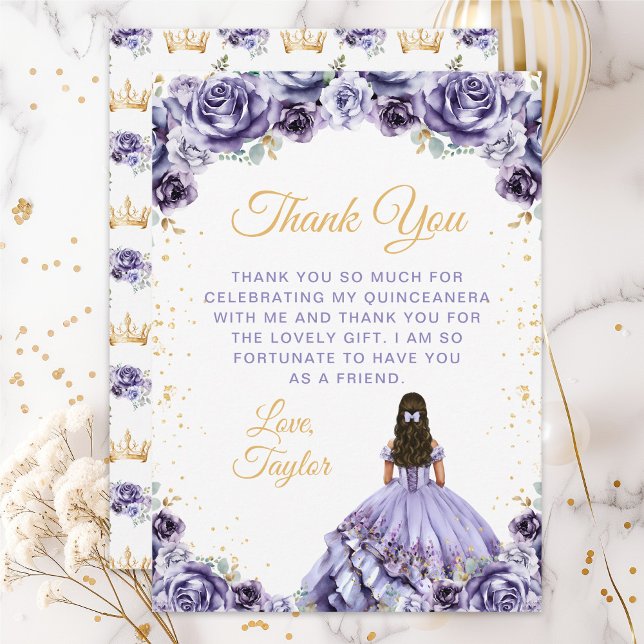 Tarjeta De Agradecimiento Dusty Purple Princesa Floral Quinceañera (Subido por el creador)