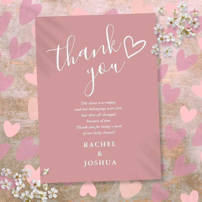 Tarjeta De Agradecimiento Dusty Rosa Chica Baby Shower Script Poem (Dusty Rose Girl Baby Shower Script Heart Poem Thank You Card)