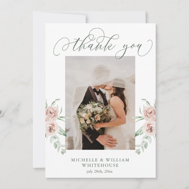 Tarjeta De Agradecimiento Dusty Rosa Floral Script Photo Boda Gracias (Anverso)