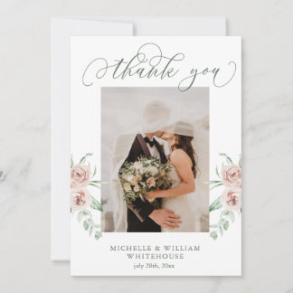 Tarjeta De Agradecimiento Dusty Rosa Floral Script Photo Boda Gracias