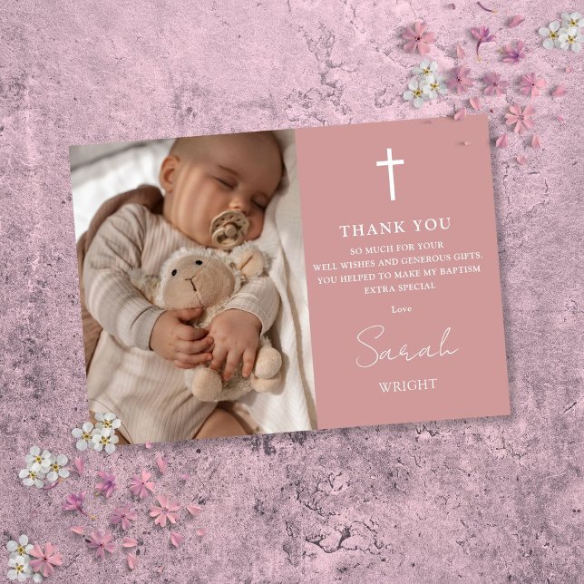 Tarjeta De Agradecimiento Dusty Rose Escritura Moderna Foto Bautizo (Dusty Rose Script Modern Photo Baptism Christening Thank You Card)