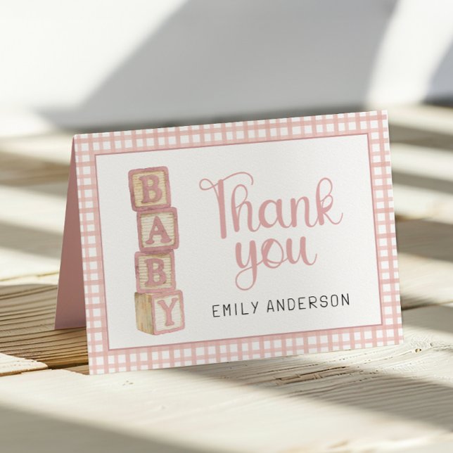 Tarjeta De Agradecimiento Dusty Rose Gingham Baby Thank You Card | Blocks (Thank You Card)