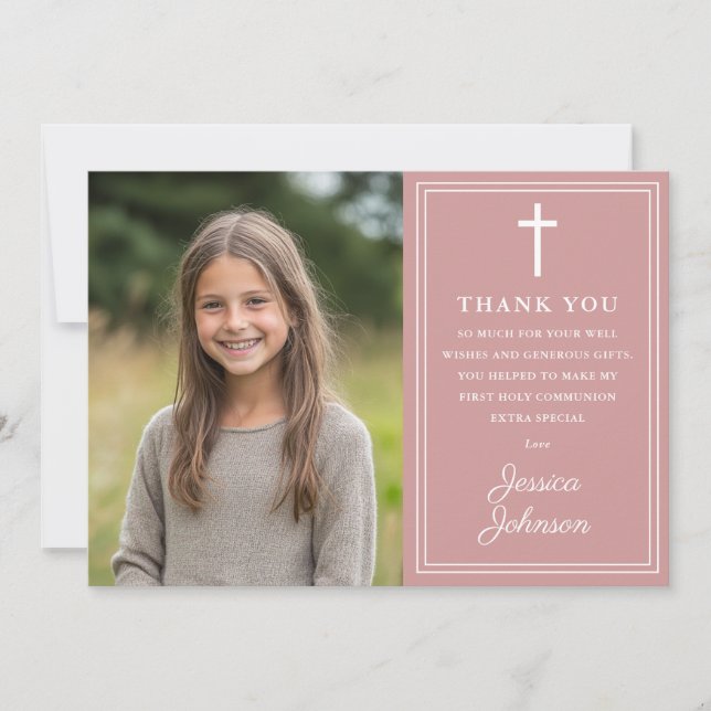 Tarjeta De Agradecimiento Dusty Rose Pink Modern Photo First Holy Communion (Anverso)