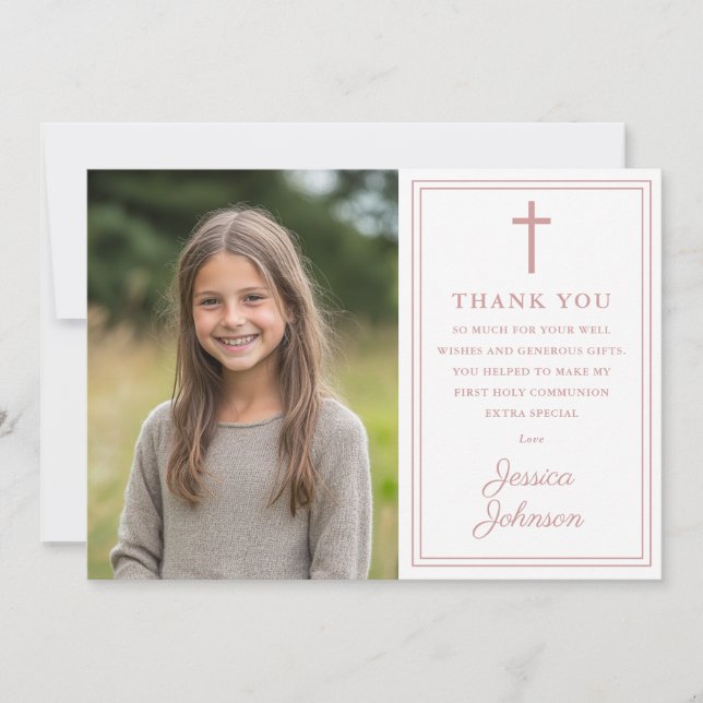 Tarjeta De Agradecimiento Dusty Rose Pink Modern Photo First Holy Communion (Anverso)
