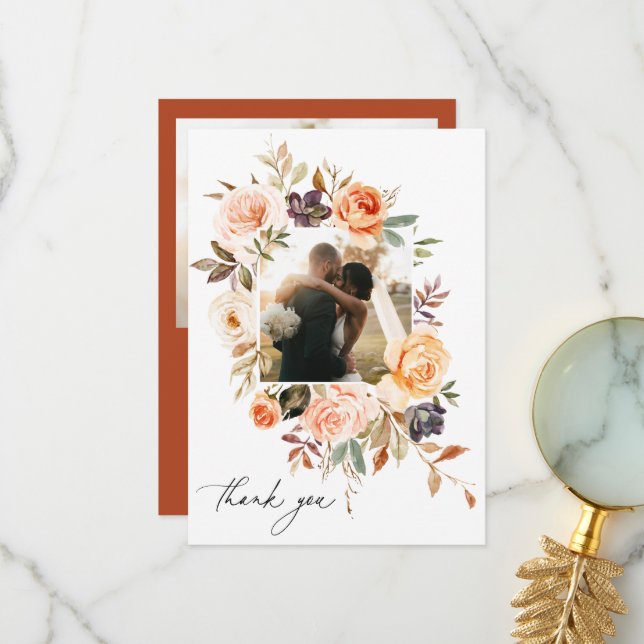 Tarjeta De Agradecimiento Earthy Autumn Floral Boda Foto (Anverso/Reverso In Situ)
