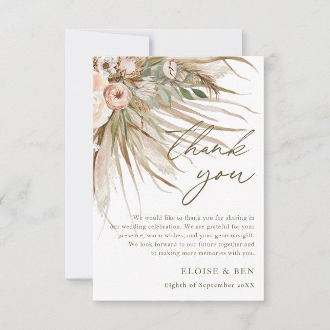 Tarjeta De Agradecimiento Earthy Dried Pampas Boda de Floral Grass (Anverso)