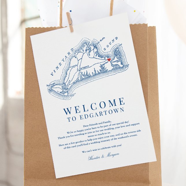 Tarjeta De Agradecimiento Edgartown MAMÁES Boda Bienvenida Azul marino Itine (Edgartown MA Martha's Vineyard Map wedding welcome letter weekend schedule in elegant Navy Blue )