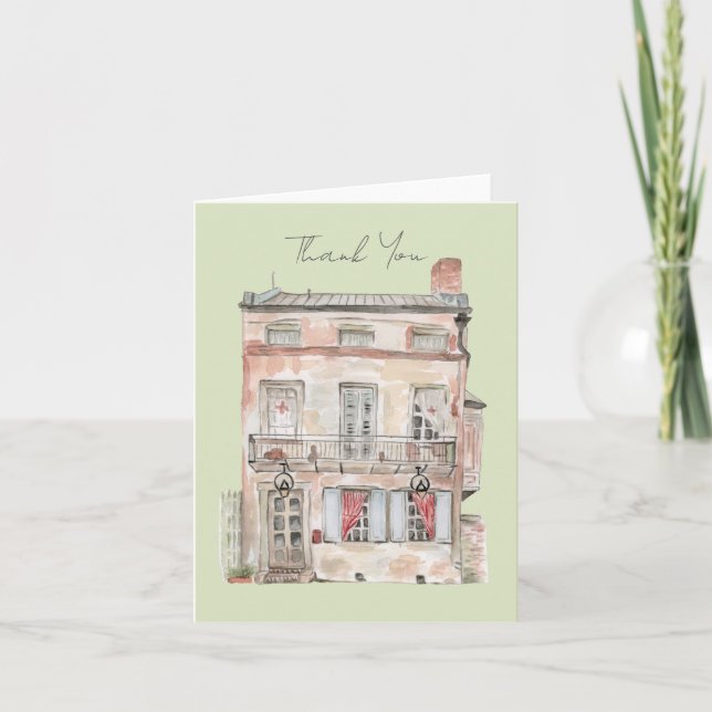 Tarjeta De Agradecimiento Edificio Histórico Acuarela de Nueva Orleans (Anverso)