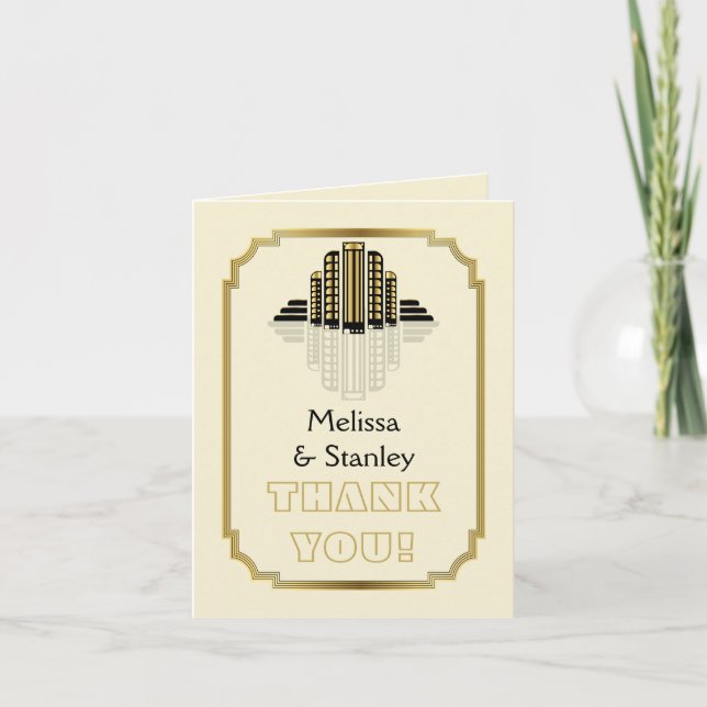 Tarjeta De Agradecimiento Edificios Art Deco negro, boda de oro Gracias (Anverso)