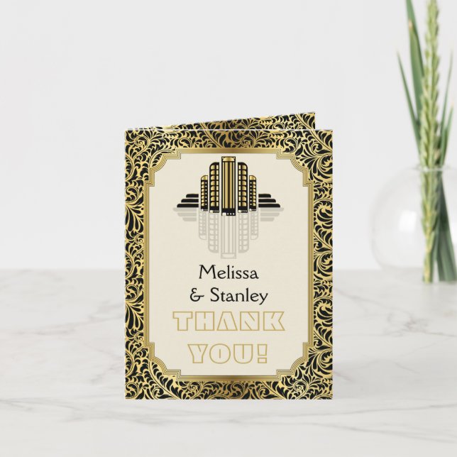 Tarjeta De Agradecimiento Edificios Art Deco negros, boda dorada Gracias (Anverso)