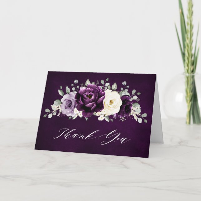 Tarjeta De Agradecimiento Eggplant Purple Plum Marfil Boda Floral Blanca (Anverso)