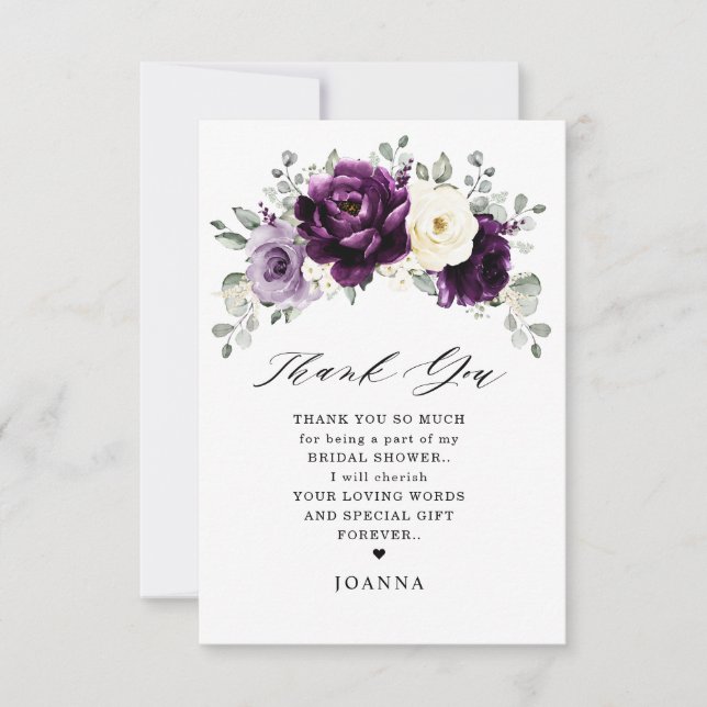 Tarjeta De Agradecimiento Eggplant Purple Plum Marfil White Bridal Shower (Anverso)