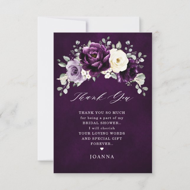 Tarjeta De Agradecimiento Eggplant Purple Plum Marfil White Bridal Shower (Anverso)