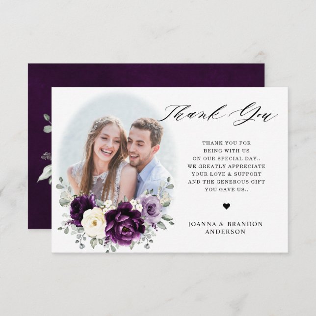 Tarjeta De Agradecimiento Eggplant Purple Plum Marfil White Floral Boda (Anverso / Reverso)