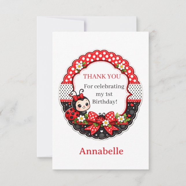 Tarjeta De Agradecimiento El 1er Cumpleaños de Little Ladybug (Anverso)