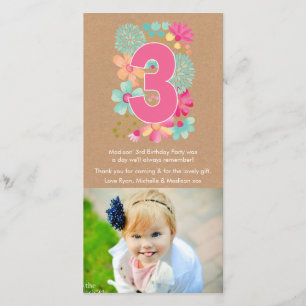 Tarjeta De Agradecimiento El 3ro cumpleaños número 3 de los chicas le